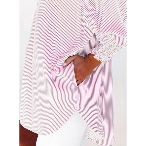 Pink/White Striped Boyfriend Shirt w/ Smocked Cuffs and Pockets Size Small - Picture 5 of 10